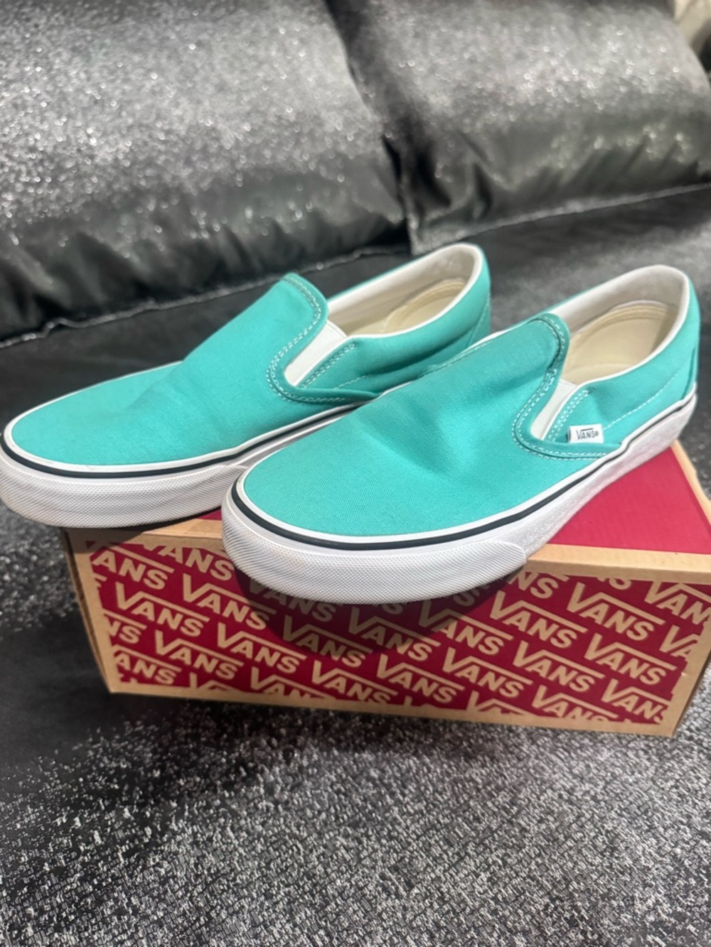 Vans Slip-On Flats in Teal and White